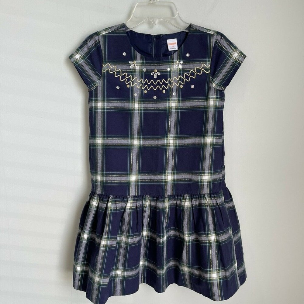 New Gymboree Girls Blue Green Plaid Embellished Short Sleeve Dress